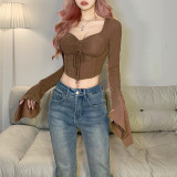 Women's solid color slimming navel exposed fashion square neck long-sleeved pleated T-shirt