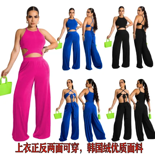 Women's solid color Korean velvet bra vest wide leg trousers two-piece top can be worn both front and back
