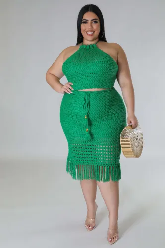 Plus size women's tassel fishing net knitting casual two-piece set