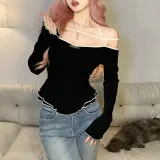 Women's solid color slim fashion neck sexy backless long-sleeved T-shirt