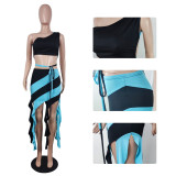 Women's contrast tassels sexy two-piece summer patchwork bra skirt