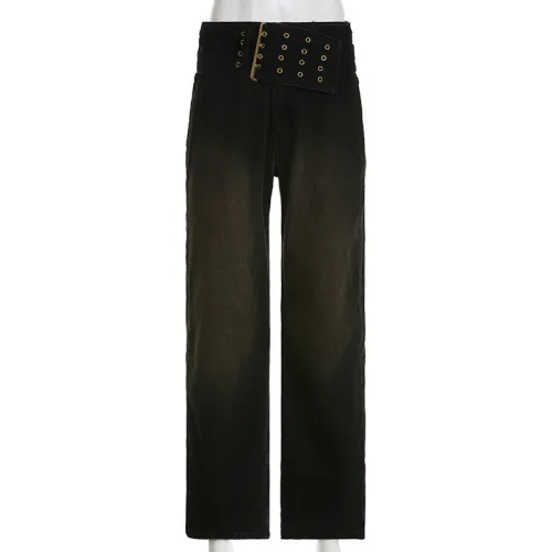 Washed, worn, white, low waist, large belt design jeans, hot girls, fashionable casual pants