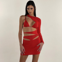 Sexy Spicy Girls Cut-out Slim Fit Waisted Solid Color Long Sleeve Wrapped Hip Dress