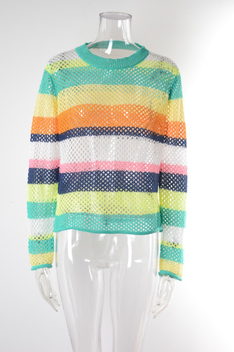 Rainbow panel cut-out bikini beach skirt knitted blouse