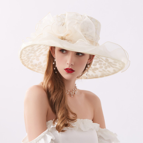 Large brim organza sandal, hot diamond flower sunshade hat, female summer seaside sunscreen sun hat, chiffon net hat