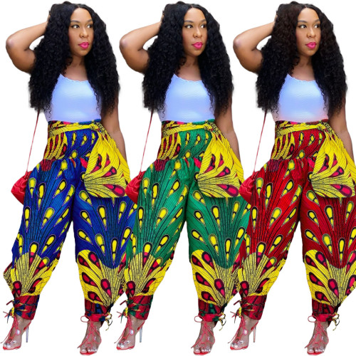 Women's pants positioning printing wide leg pants with tie and tie casual pants