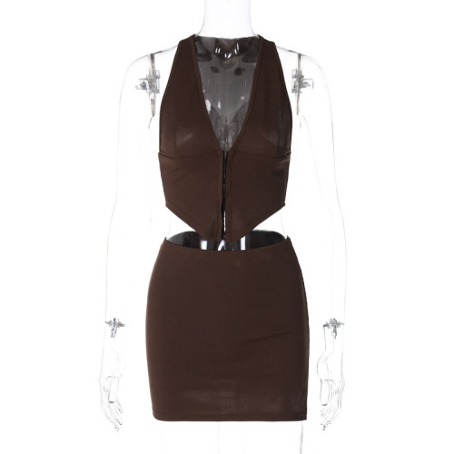 Fashion V-neck breasted vest Slim fit split skirt suit