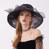 Black edging organza vintage flower top hat Women's summer mesh fisherman hat Sun protection foldable sunshade hat