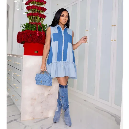 Sexy women's solid color patchwork printed vest dress