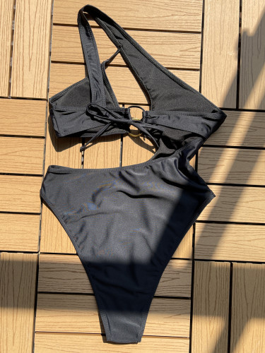 Solid color one-piece swimsuit sexy diagonal shoulder bikini