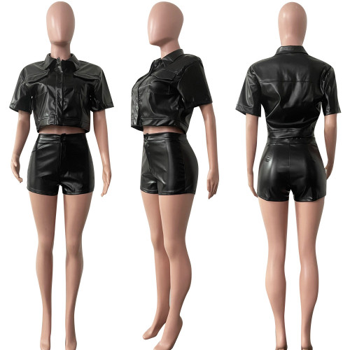 PU leather panel button tights suit leather coat leather pants two-piece set