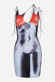 Women's fashion diagonal shoulder sexy cut-out 3D print slim wrap hip skirt