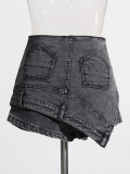 Individualized street denim patchwork shorts with high waist, irregular washed old jeans