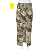 Fashion personality camouflage wash pocket slit tassel skirt