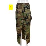 Fashion personality camouflage wash pocket slit tassel skirt