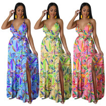 Simulated silk printed V-neck beach dress with strap