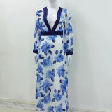 Women's dress flower blue and white porcelain V-neck printing large swing skirt