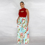 Sleeveless round neck short top printed wide leg pants two-piece set