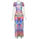 Fashion Crew Neck Short Sleeve Mesh Print High Waist Split Pants Set