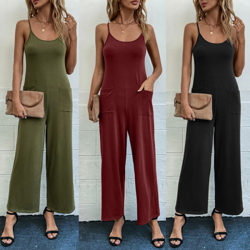 Fashion women's solid color strapping suspender loose wide leg jumpsuit