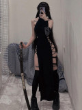 Slim Slim Spicy Girl Long Dress Sexy Hanging Neck Hollow Double Split Dress