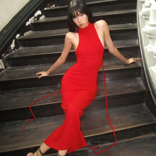 Party buttock fishtail skirt with open back feature hollowed-out sleeveless hanging neck slimming style dress