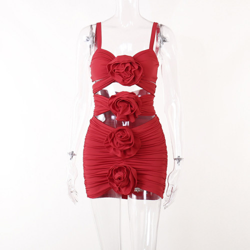 Temperament sexy slimming pleated Spicy Girl suspender dress three-dimensional flower lace cut-out dress