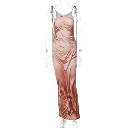 Fashion printing close-fitting light mature long dress with suspender backless dress