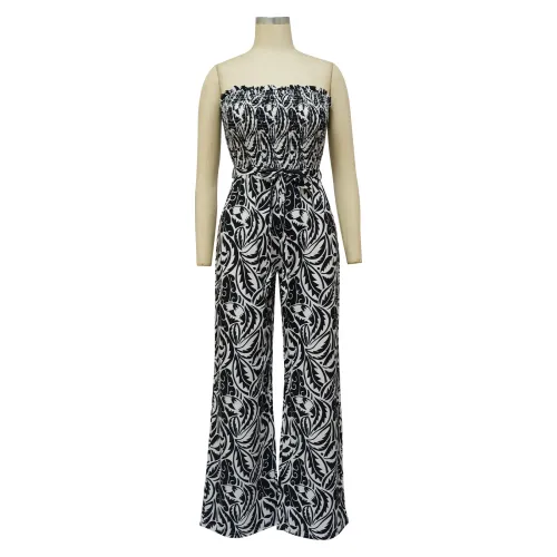 Women's sexy sleeveless open back printed wide leg jumpsuit