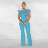 Ruffle round neck solid color fashion jumpsuit