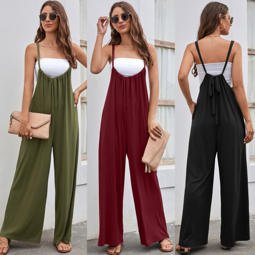 Strap high waist open back casual wide leg jumpsuit