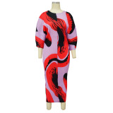 Women's round neck pleated printed long dress bat sleeve one size dress