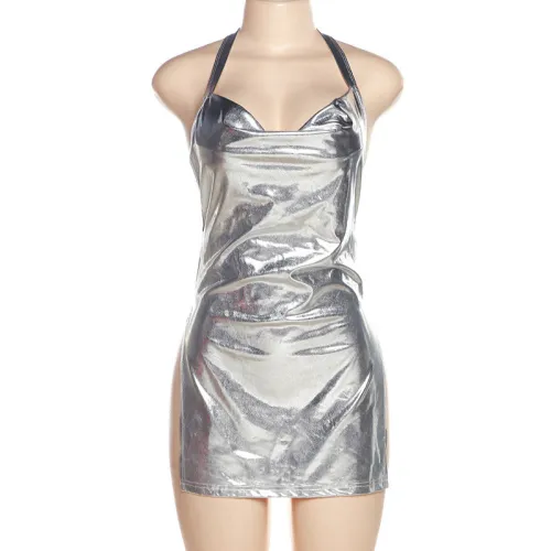 Fashion metal color hanging neck open back pile neck sexy split dress