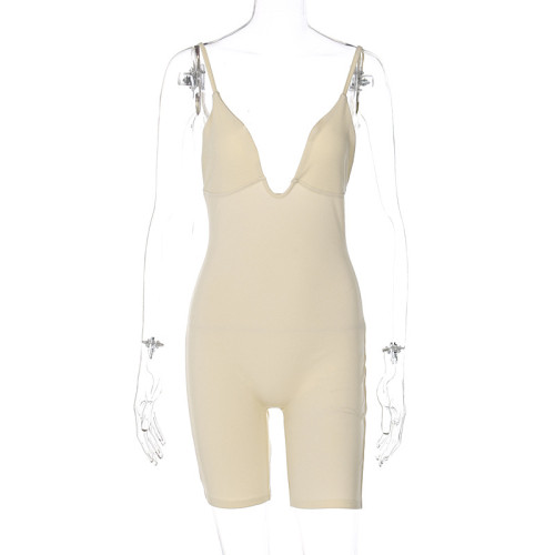 Women's minimalist slim solid color suspender with deep V underpin short jumpsuit