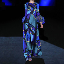 Blue Mid-raist Hepburn Style Commuter Dress Print Dress
