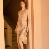 Ancient sequin dress tassel front and back deep V-neck dress fashion beaded banquet evening dress