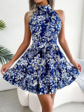 Temperament lace-up ruffle large floral dress