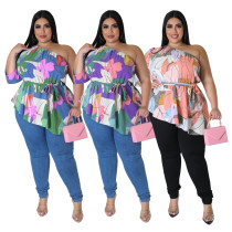 Casual loose sloping shoulder asymmetrical fat woman print top