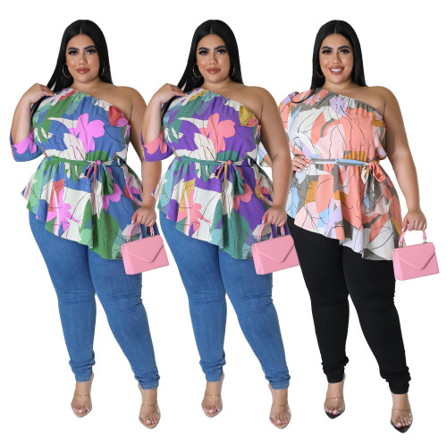 Casual loose sloping shoulder asymmetrical fat woman print top
