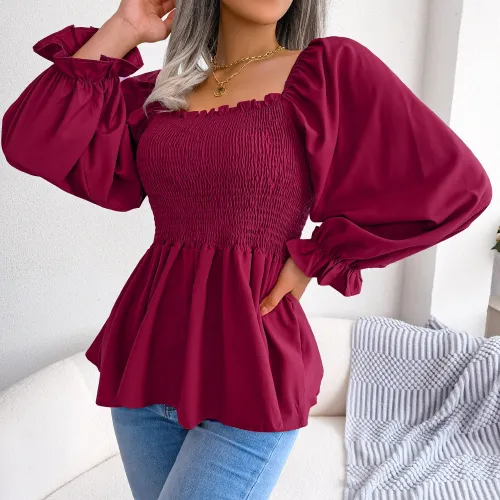 Casual wooden ear edge square neck long-sleeved chiffon shirt