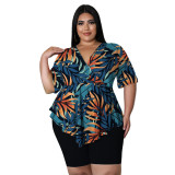 Large women's printed two-piece T-shirt shorts set