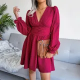 Sexy V-neck waist chiffon pleated dress
