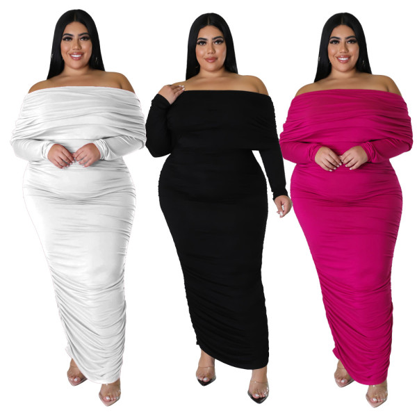 Large Women's Dress Off Shoulder Tight Pleated Long Sleeve Fat Women's Dress