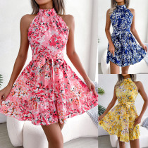 Temperament lace-up ruffle large floral dress