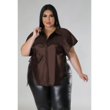 Faux leather shirt casual loose solid fat woman top