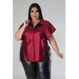 Faux leather shirt casual loose solid fat woman top