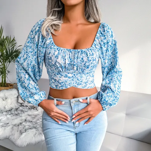 Lantern sleeve bow floral chiffon shirt holiday style navel exposed top