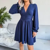 Sexy V-neck waist chiffon pleated dress