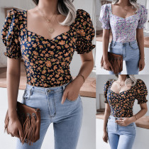 Casual lantern sleeve square neck sexy floral chiffon shirt top