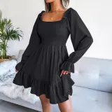 Square-neck flared long-sleeved ruffle hem dress